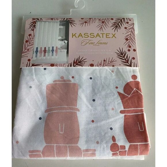 Kassatex Christmas Shower Curtain Holiday Nutcrackers Pastel Pink Fabric NEW - Picture 1 of 8